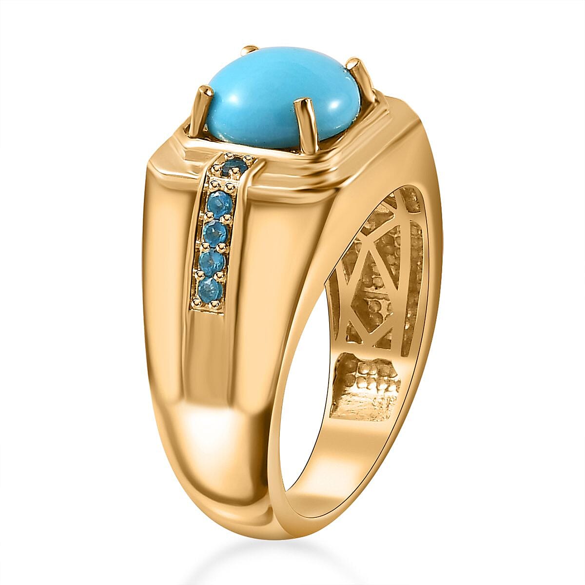 Sleeping Beauty Turquoise and Malgache Neon Apatite Men's Ring in Vermeil Yellow Gold Over Sterling Silver (Size 12.0) 2.40 ctw image number 3