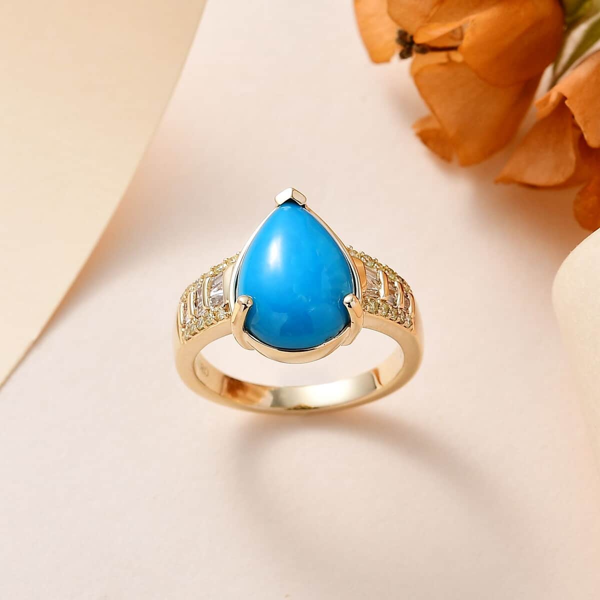 Luxoro 10K Yellow Gold Premium Sleeping Beauty Turquoise, I2 Natural Yellow and White Diamond Ring (Size 6.0) 5.25 Grams 4.75 ctw image number 1