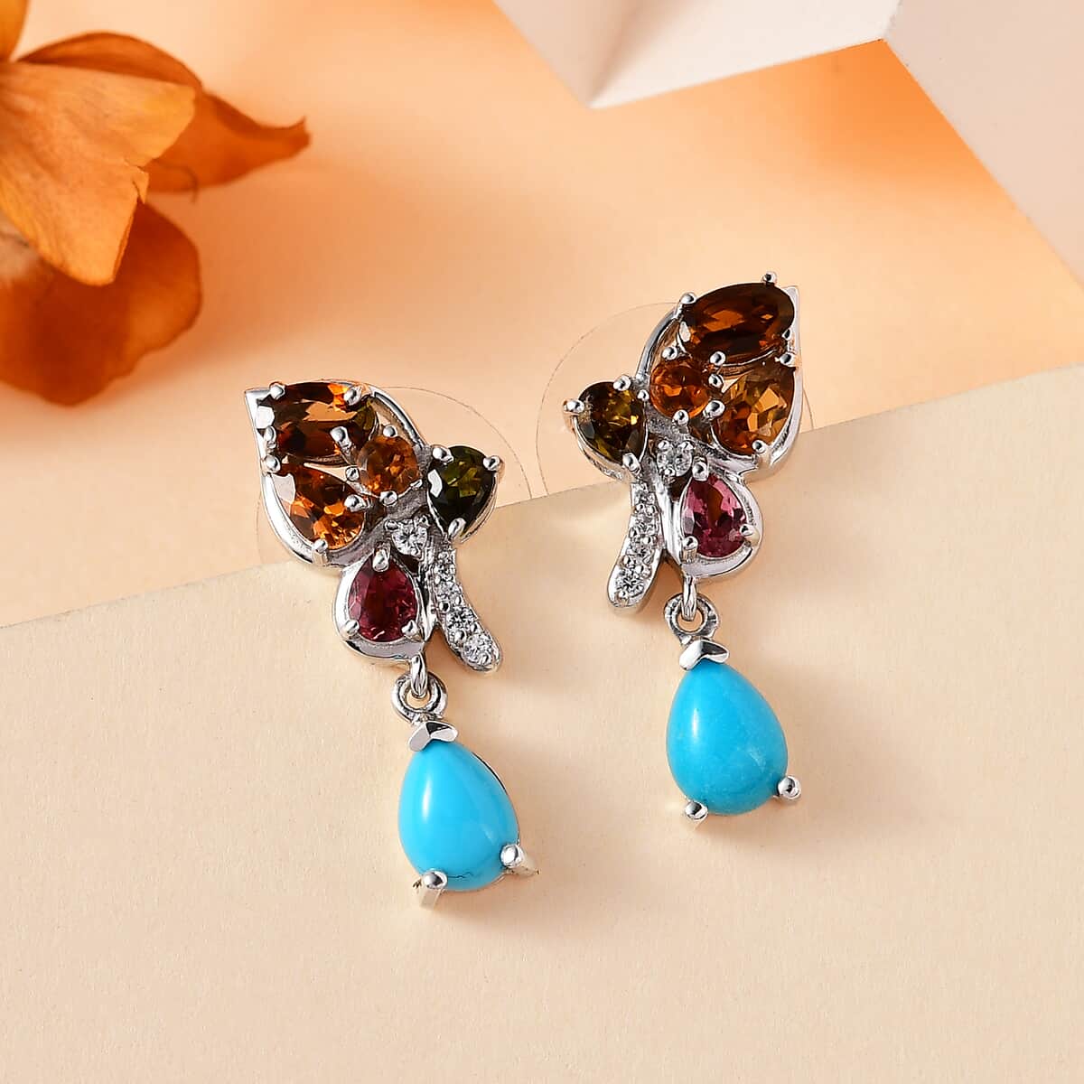 Sleeping Beauty Turquoise and Multi Gemstone Earrings in Platinum Over Sterling Silver 3.40 ctw image number 1