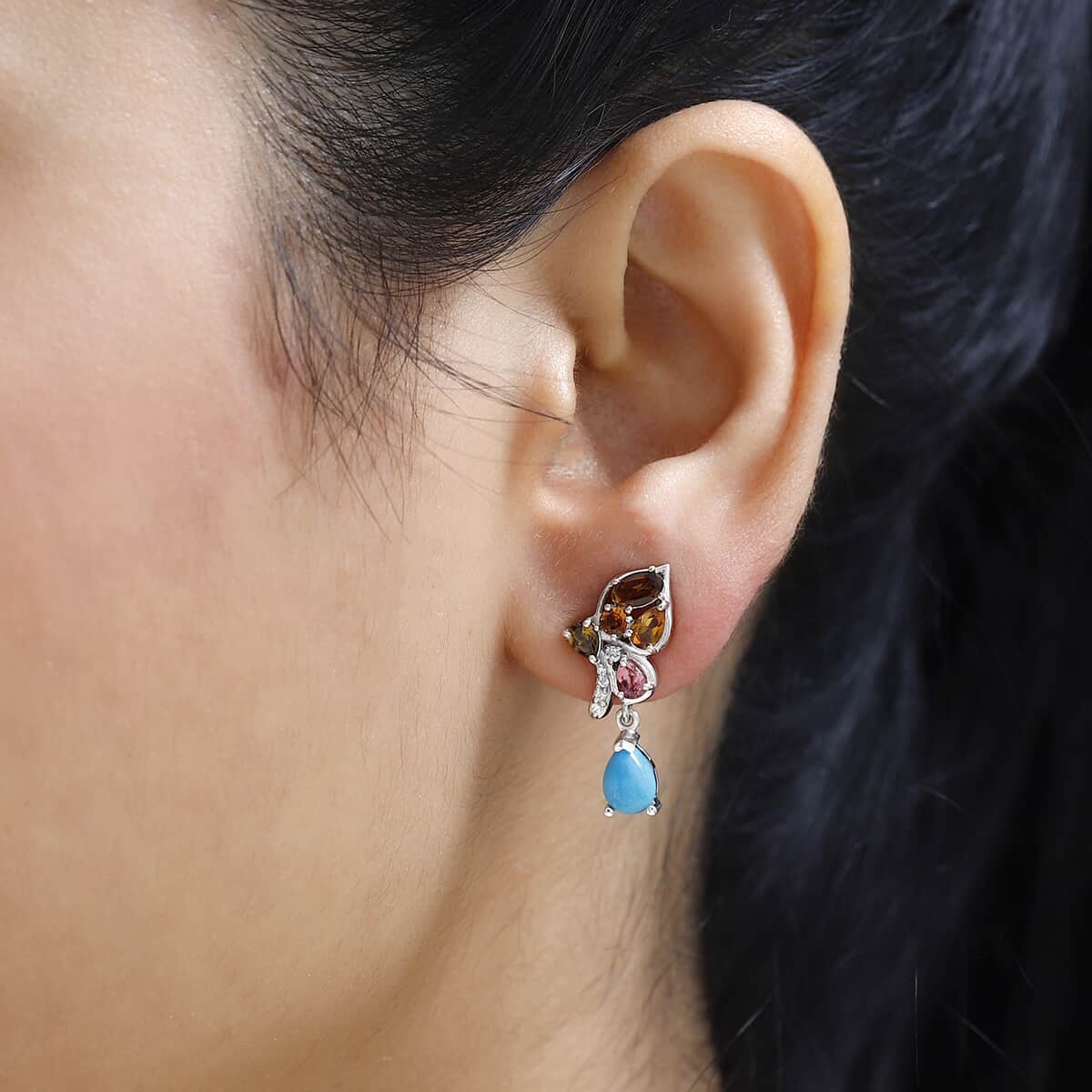 Sleeping Beauty Turquoise and Multi Gemstone Earrings in Platinum Over Sterling Silver 3.40 ctw image number 2