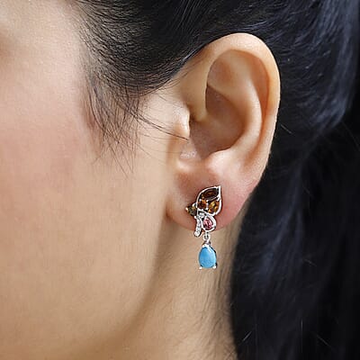 Sleeping Beauty Turquoise and Multi Gemstone Earrings in Platinum Over Sterling Silver 3.40 ctw