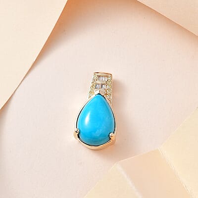 Luxoro 10K Yellow Gold Premium Sleeping Beauty Turquoise, I2 Natural Yellow and White Diamond Pendant without Chain 4.50 ctw