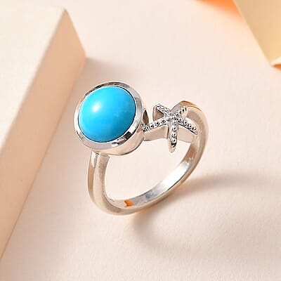 Sleeping Beauty Turquoise Starfish Ring in Platinum Over Sterling Silver (Size 10.0) 2.35 ctw