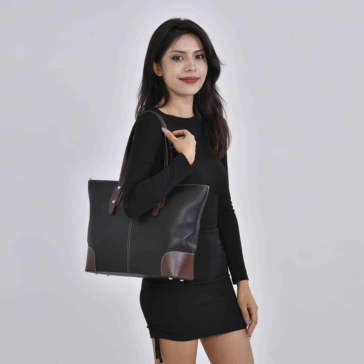 Black Genuine Leather Tote Bag with Double Handles Drop image number 1