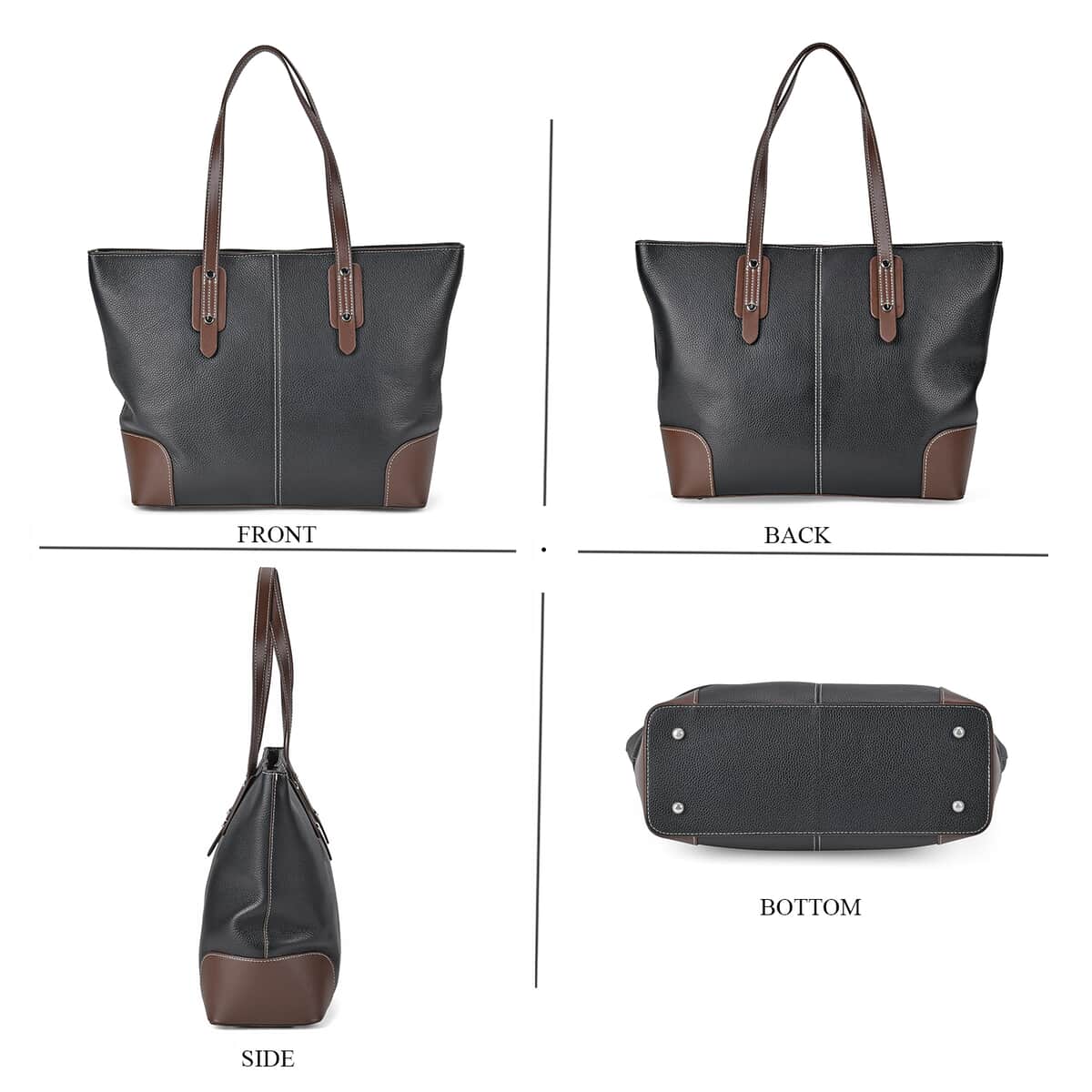 Black Genuine Leather Tote Bag with Double Handles Drop image number 3