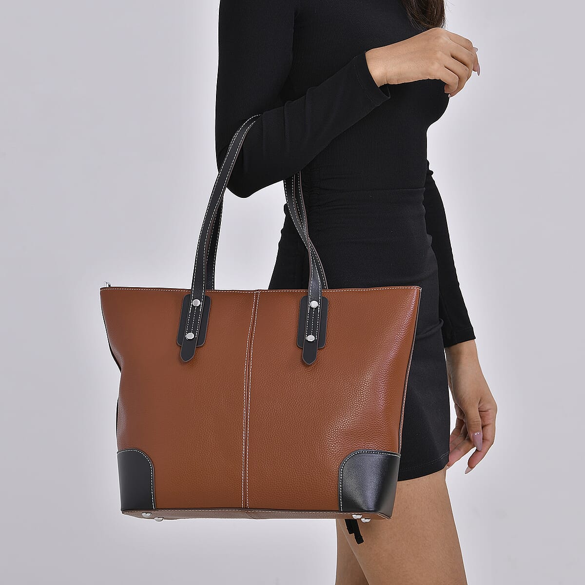 Brown Genuine Leather Tote Bag with Double Handles Drop image number 2