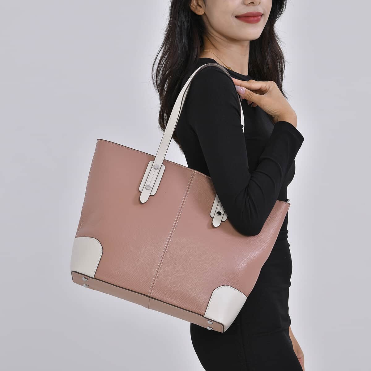 Pink Genuine Leather Tote Bag with Double Handles Drop image number 2