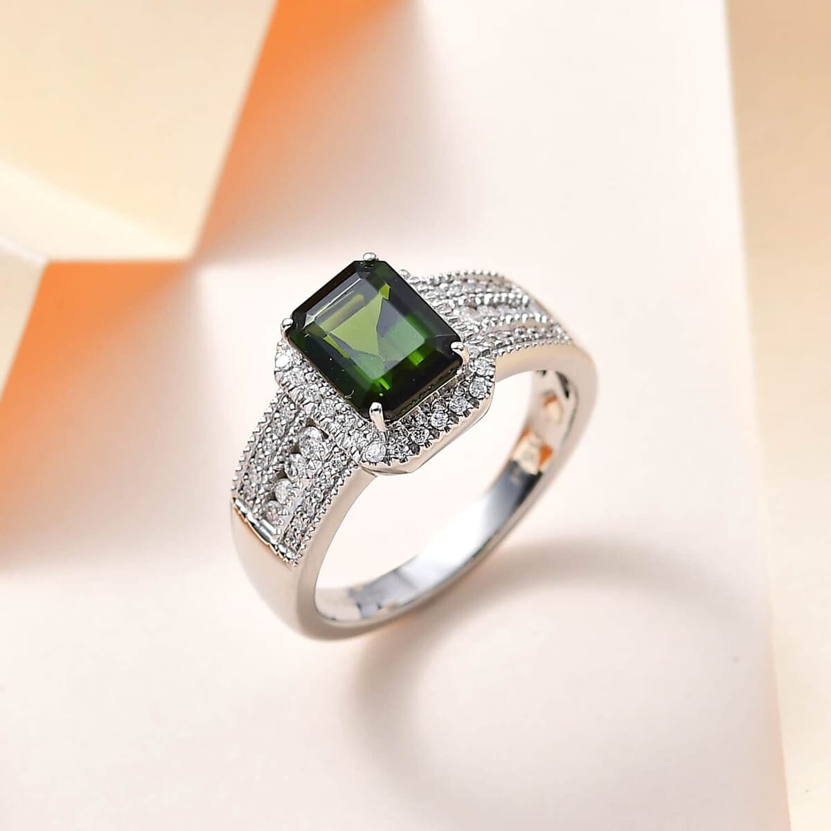 Rhapsody 950 Platinum AAAA Natural Green Tourmaline and E-F VS Diamond Halo Ring (Size 5.0) 9.35 Grams 3.00 ctw image number 1