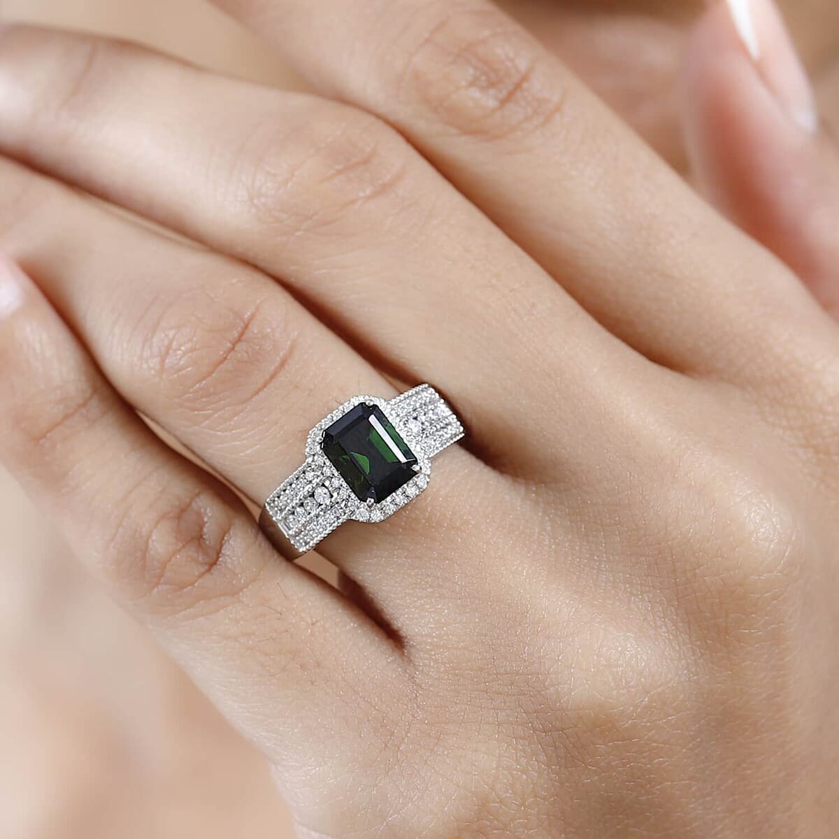 Rhapsody 950 Platinum AAAA Natural Green Tourmaline and E-F VS Diamond Halo Ring (Size 5.0) 9.35 Grams 3.00 ctw image number 2