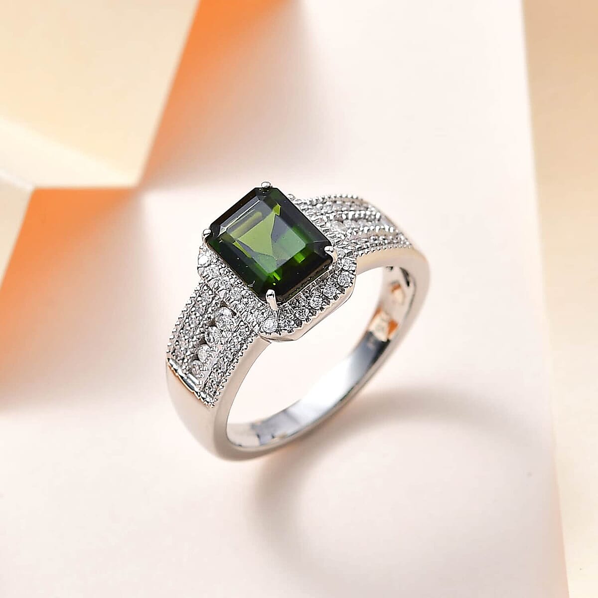 Rhapsody 950 Platinum AAAA Natural Green Tourmaline and E-F VS Diamond Halo Ring (Size 5.5) 9.35 Grams 3.00 ctw image number 1
