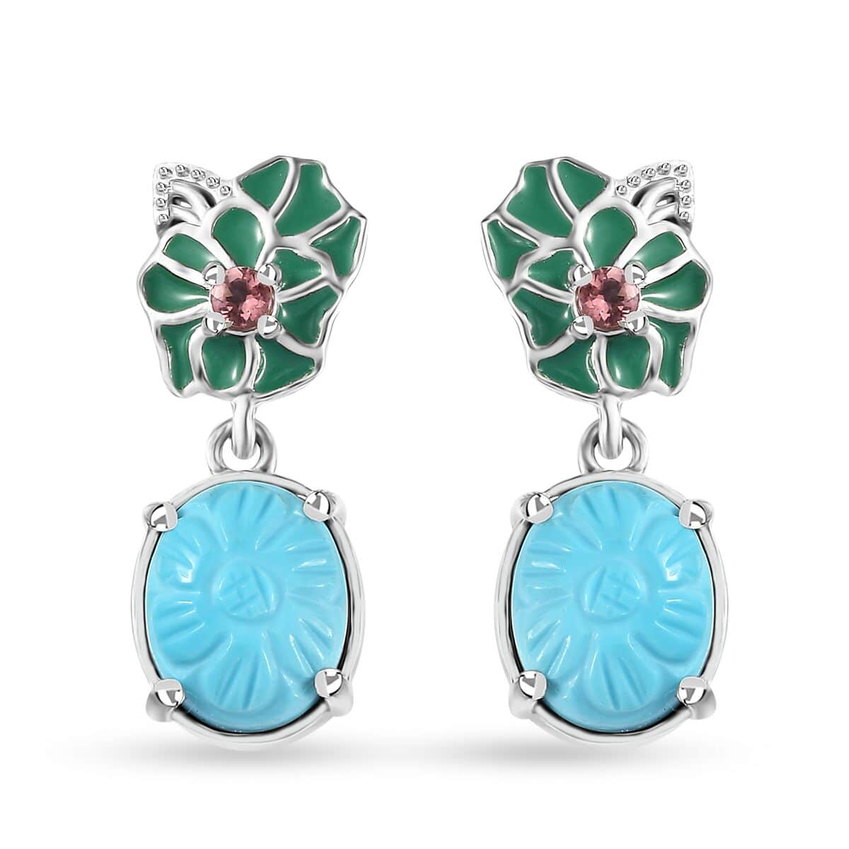 Sleeping Beauty Turquoise and Morro Redondo Pink Tourmaline Leaf & Flower Earrings in Platinum Over Sterling Silver 5.40 ctw image number 0
