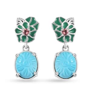 Sleeping Beauty Turquoise and Morro Redondo Pink Tourmaline Leaf & Flower Earrings in Platinum Over Sterling Silver 5.40 ctw