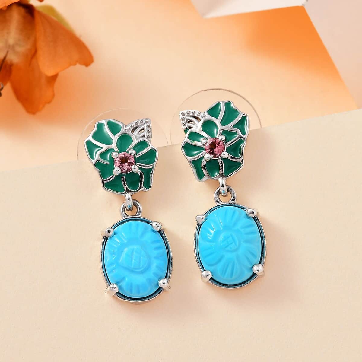 Sleeping Beauty Turquoise and Morro Redondo Pink Tourmaline Leaf & Flower Earrings in Platinum Over Sterling Silver 5.40 ctw image number 1