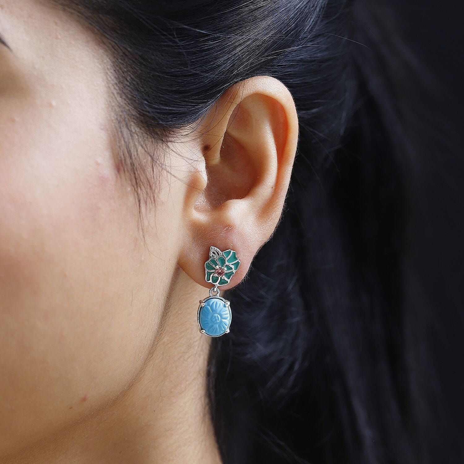 Sleeping Beauty Turquoise and Morro Redondo Pink Tourmaline Leaf & Flower Earrings in Platinum Over Sterling Silver 5.40 ctw