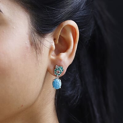 Sleeping Beauty Turquoise and Morro Redondo Pink Tourmaline Leaf & Flower Earrings in Platinum Over Sterling Silver 5.40 ctw