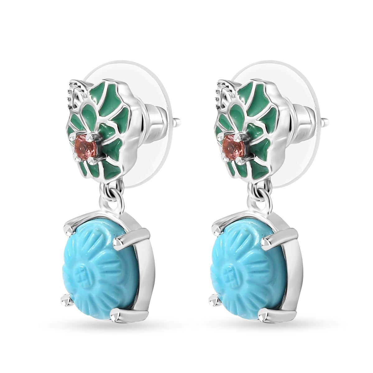 Sleeping Beauty Turquoise and Morro Redondo Pink Tourmaline Leaf & Flower Earrings in Platinum Over Sterling Silver 5.40 ctw image number 3