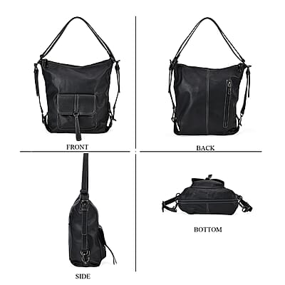 Black Multi-Purpose 2-in-1 Genuine Leather Crossbody Bag with Adjustable Straps