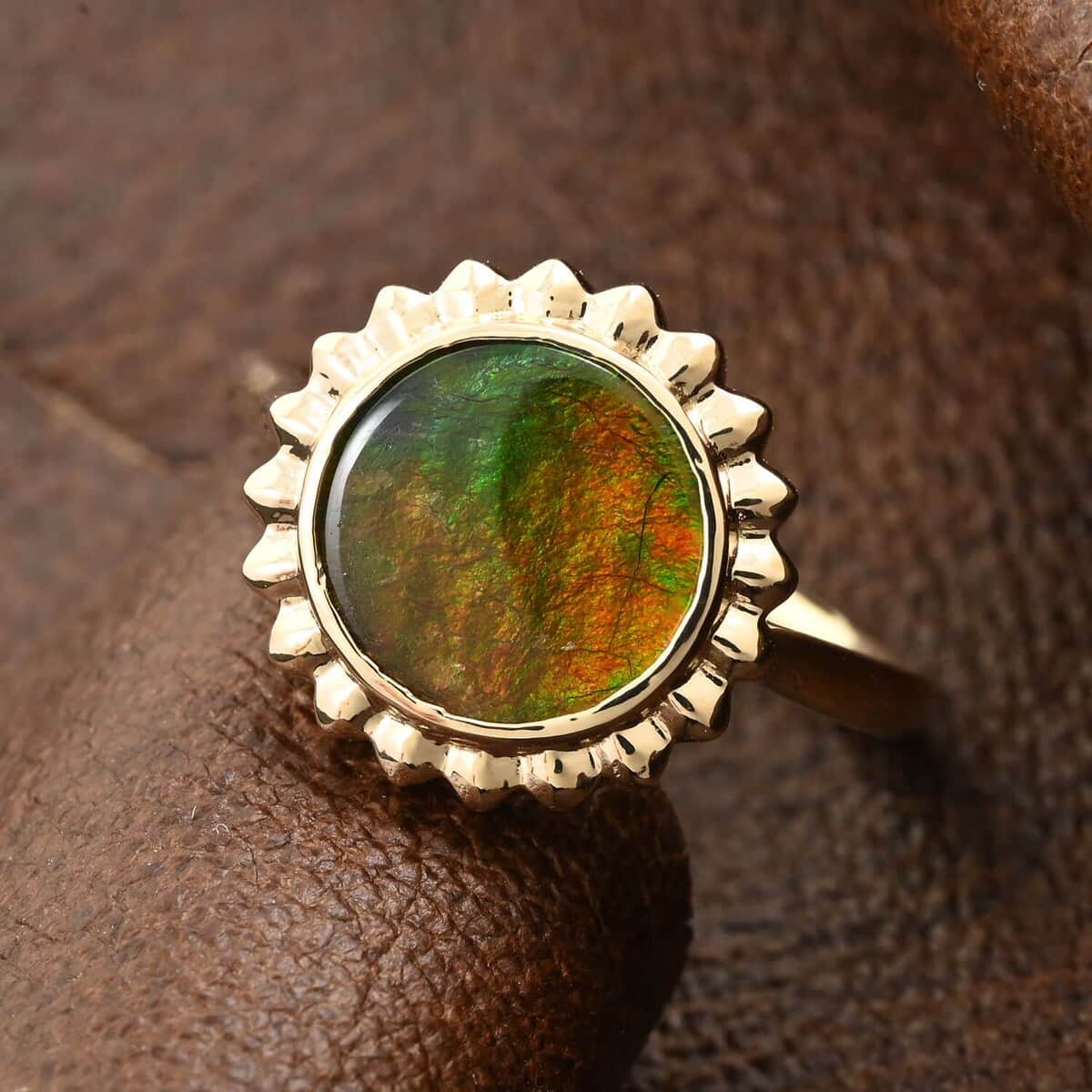 Certified & Appraised Luxoro 10K Yellow Gold AAA Canadian Ammolite (Rnd 10mm) Solitaire Ring (Size 5.0) image number 1