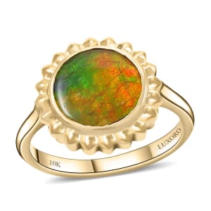 Certified & Appraised Luxoro 10K Yellow Gold AAA Canadian Ammolite (Rnd 10mm) Solitaire Ring (Size 9.5)