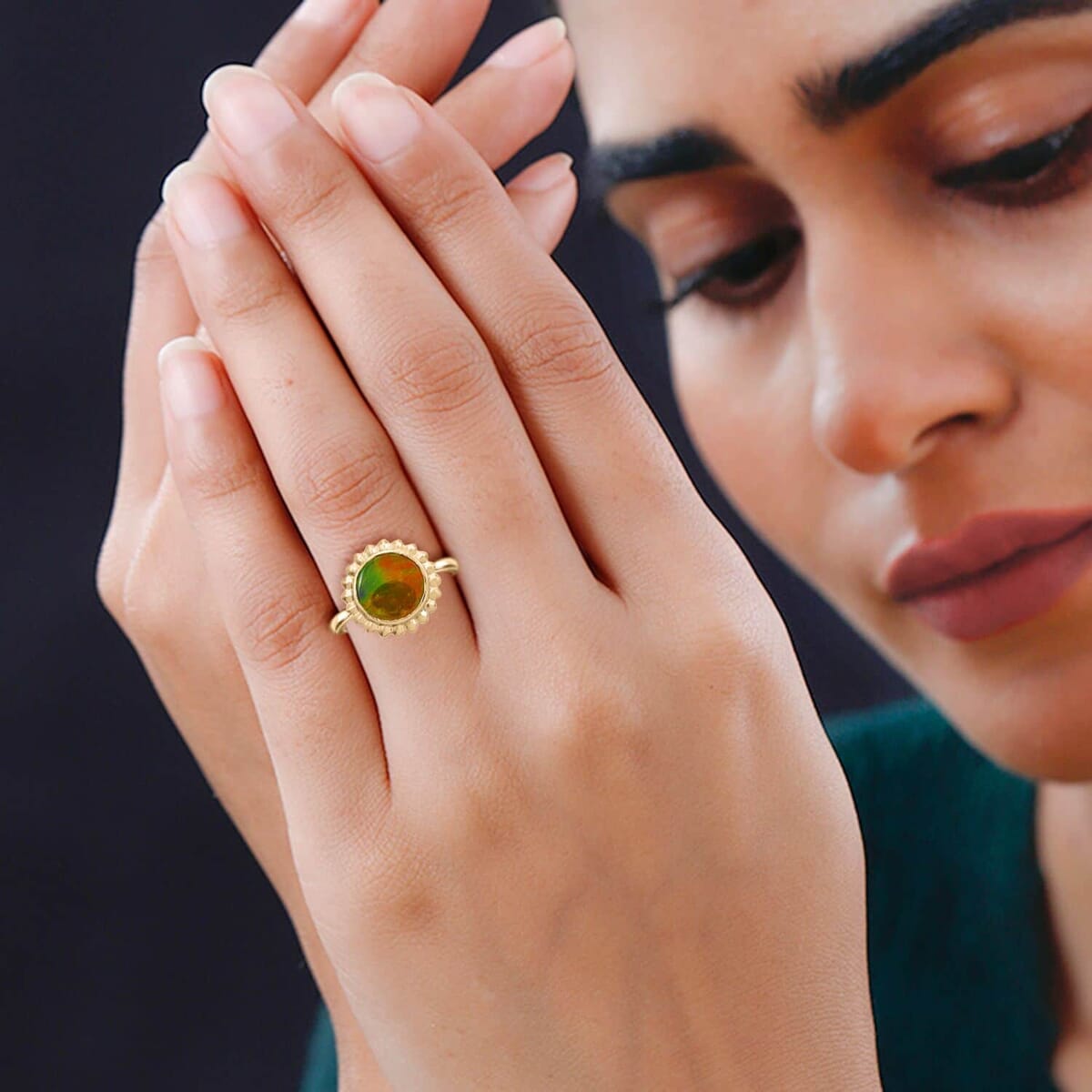 Certified & Appraised Luxoro 10K Yellow Gold AAA Canadian Ammolite (Rnd 10mm) Solitaire Ring (Size 9.5) image number 2
