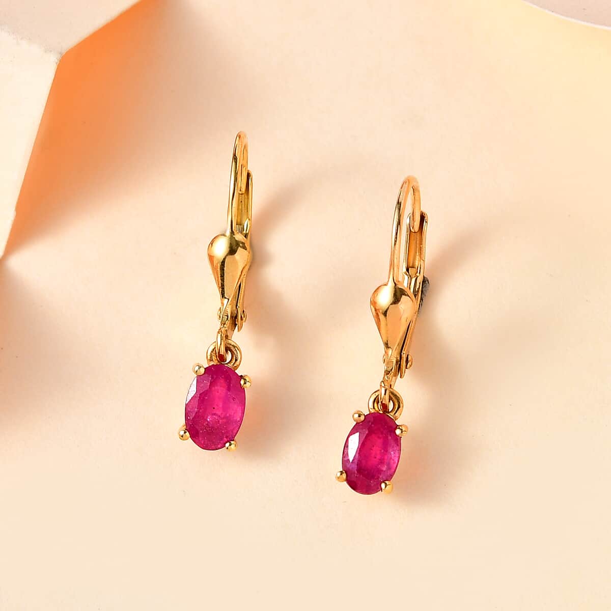 Niassa Ruby (FF) Solitaire Lever Back Earrings in Vermeil Yellow Gold Over Sterling Silver 1.30 ctw image number 1