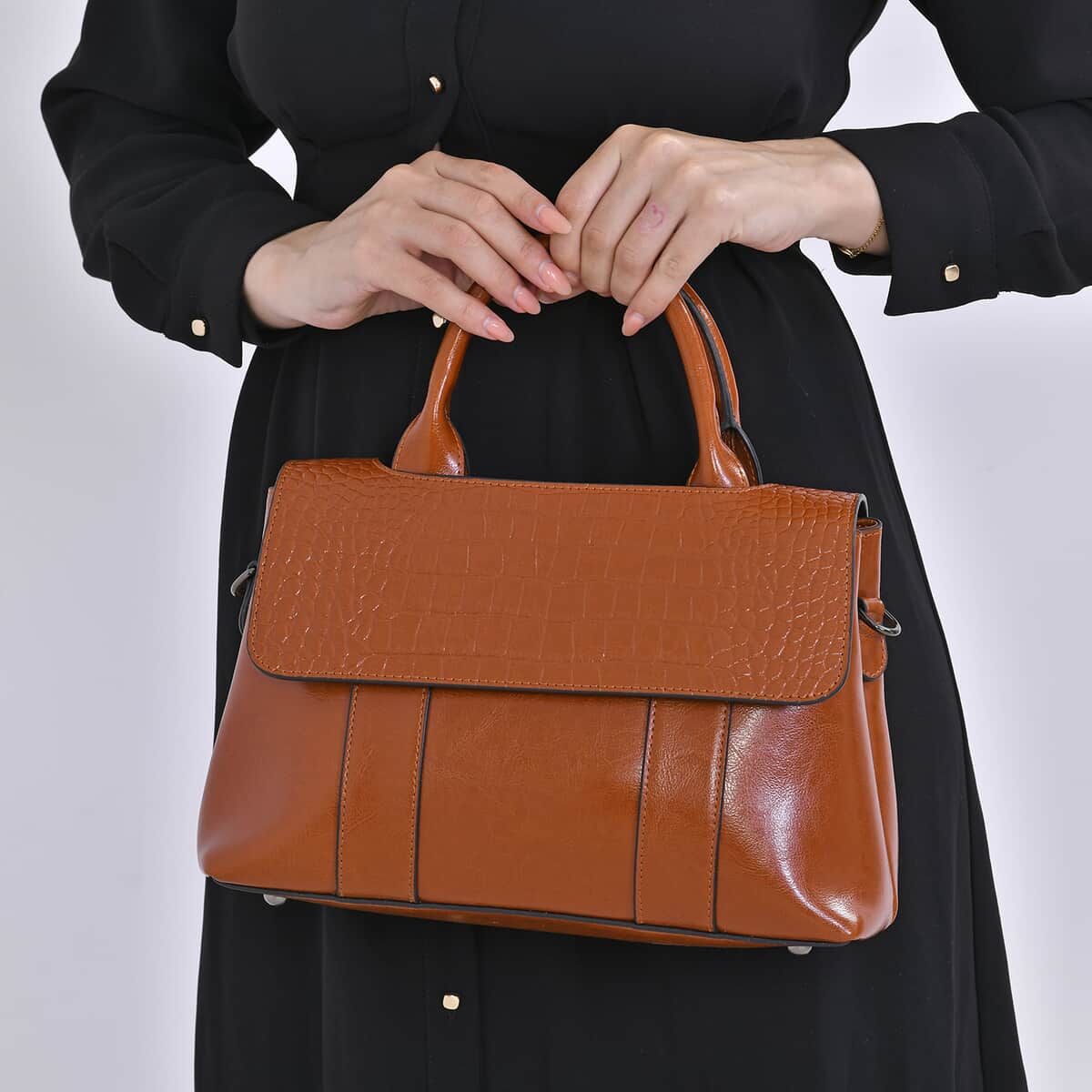 Tan Multi-Purpose 2-in-1 Genuine Leather Crossbody Bag with Handle Drop and Shoulder Straps image number 2