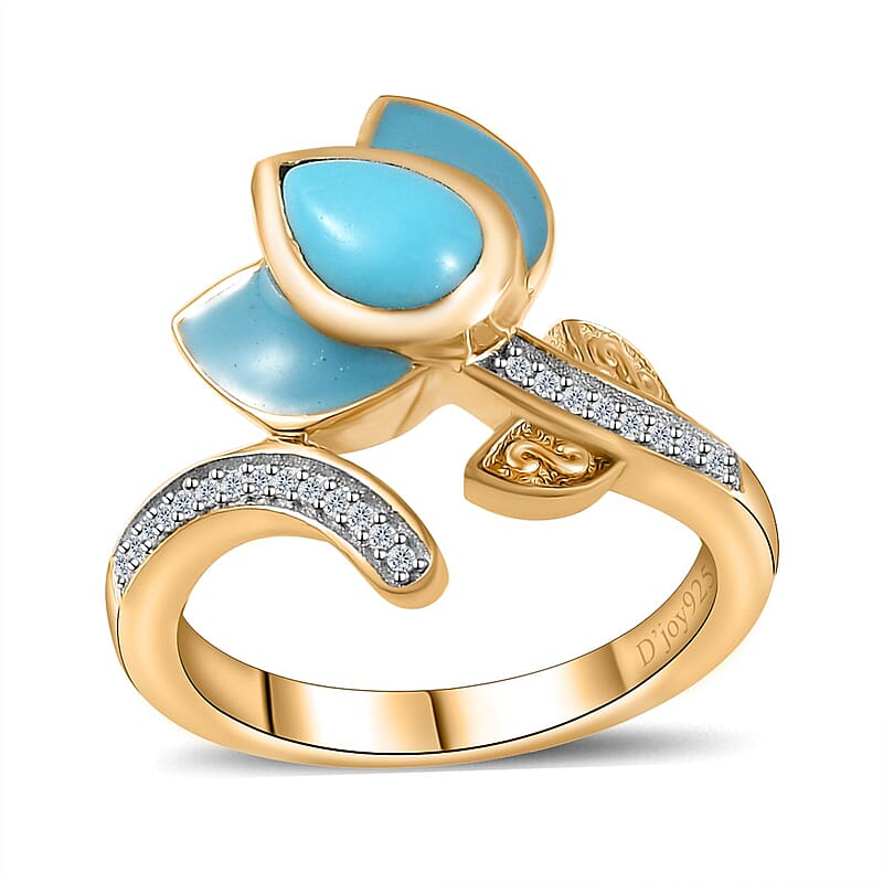Sleeping Beauty Turquoise and White Zircon Enameled Flower Ring in Vermeil Yellow Gold Over Sterling Silver (Size 10.0) 0.75 ctw