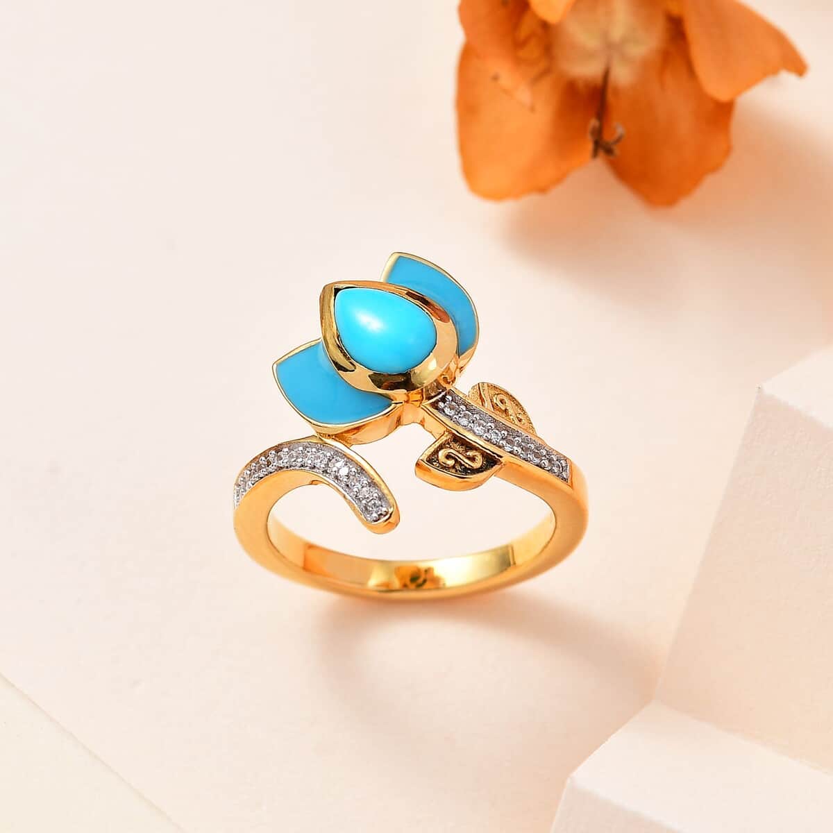 Sleeping Beauty Turquoise and White Zircon Enameled Flower Ring in Vermeil Yellow Gold Over Sterling Silver (Size 10.0) 0.75 ctw image number 1