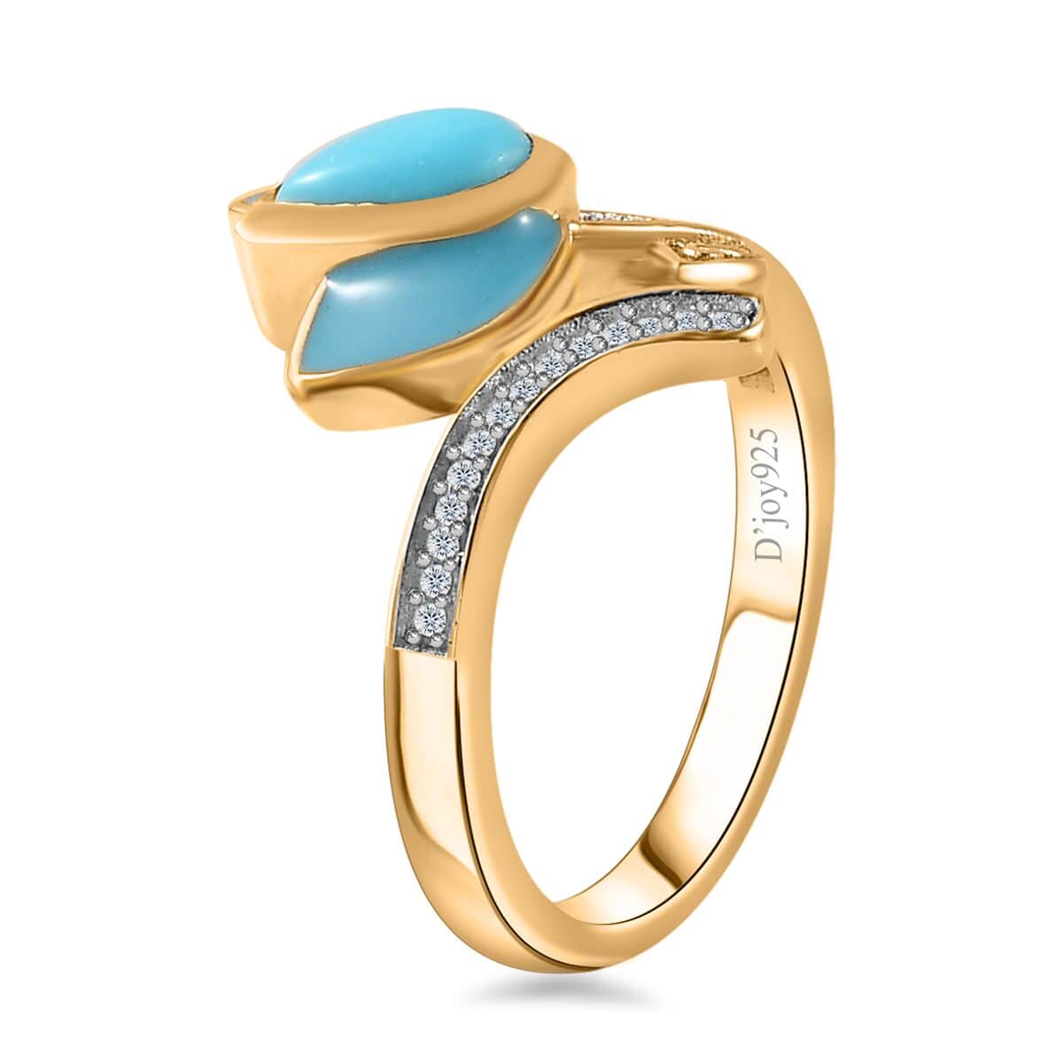 Sleeping Beauty Turquoise and White Zircon Enameled Flower Ring in Vermeil Yellow Gold Over Sterling Silver (Size 10.0) 0.75 ctw image number 3