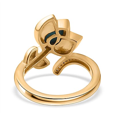 Sleeping Beauty Turquoise and White Zircon Enameled Flower Ring in Vermeil Yellow Gold Over Sterling Silver (Size 10.0) 0.75 ctw