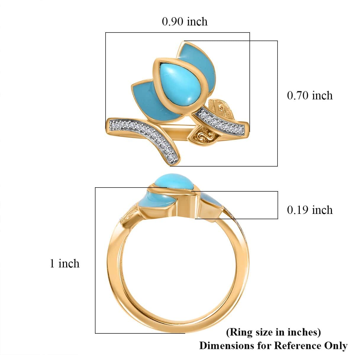 Sleeping Beauty Turquoise and White Zircon Enameled Flower Ring in Vermeil Yellow Gold Over Sterling Silver (Size 10.0) 0.75 ctw image number 5