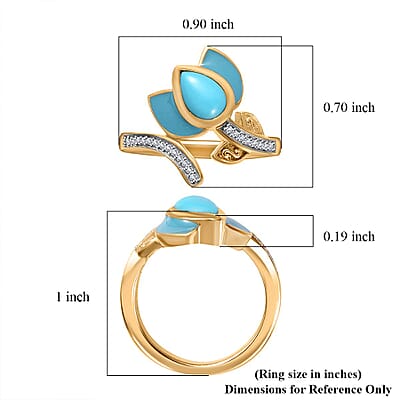 Sleeping Beauty Turquoise and White Zircon Enameled Flower Ring in Vermeil Yellow Gold Over Sterling Silver (Size 10.0) 0.75 ctw