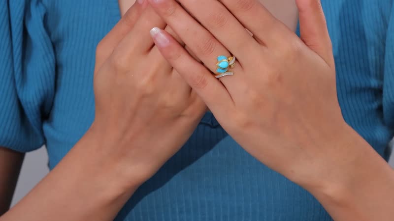 Sleeping Beauty Turquoise and White Zircon Enameled Flower Ring in Vermeil Yellow Gold Over Sterling Silver (Size 10.0) 0.75 ctw