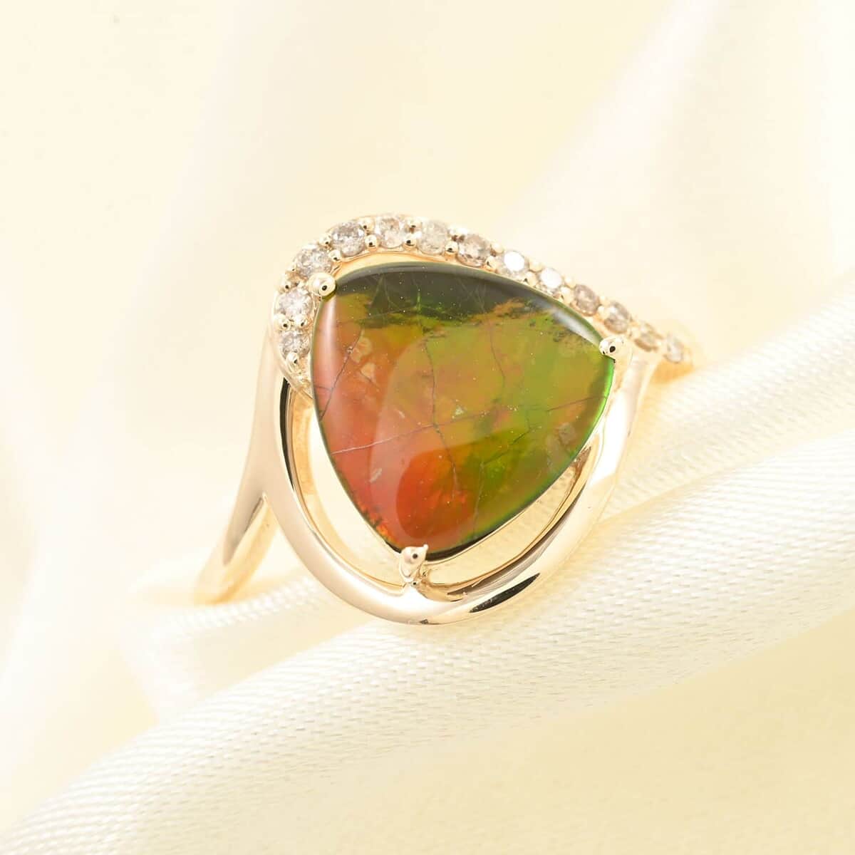 Certified & Appraised Luxoro 10K Yellow Gold AAA Canadian Ammolite and G-H I2 Diamond Ring 0.12 ctw image number 1