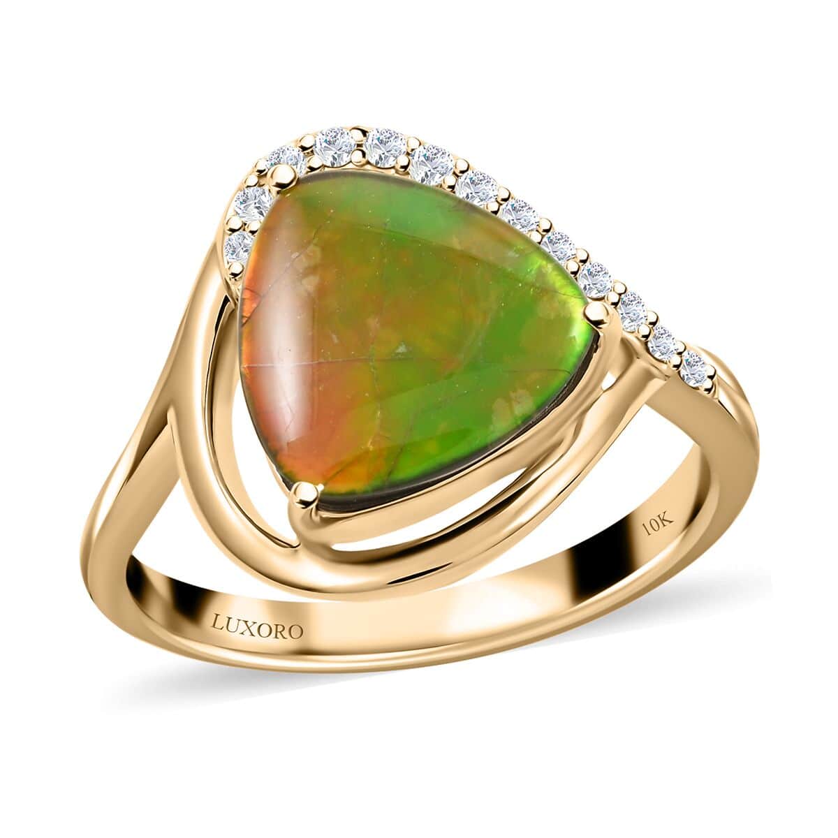 Certified & Appraised Luxoro 10K Yellow Gold AAA Canadian Ammolite and G-H I2 Diamond Ring (Size 7.0) 0.12 ctw image number 0