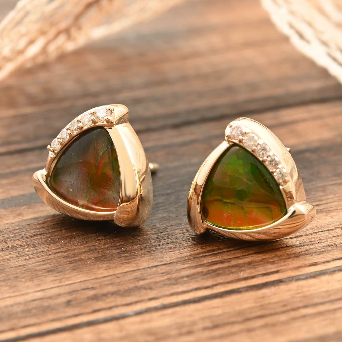 Certified & Appraised Luxoro 10K Yellow Gold AAA Canadian Ammolite and G-H I2 Diamond Earrings 0.09 ctw image number 1