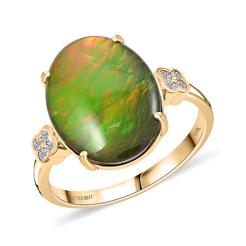 Certified & Appraised Luxoro AAA Canadian Ammolite, Diamond Ring in 10K Yellow Gold 0.10 ctw (Size 10.0)