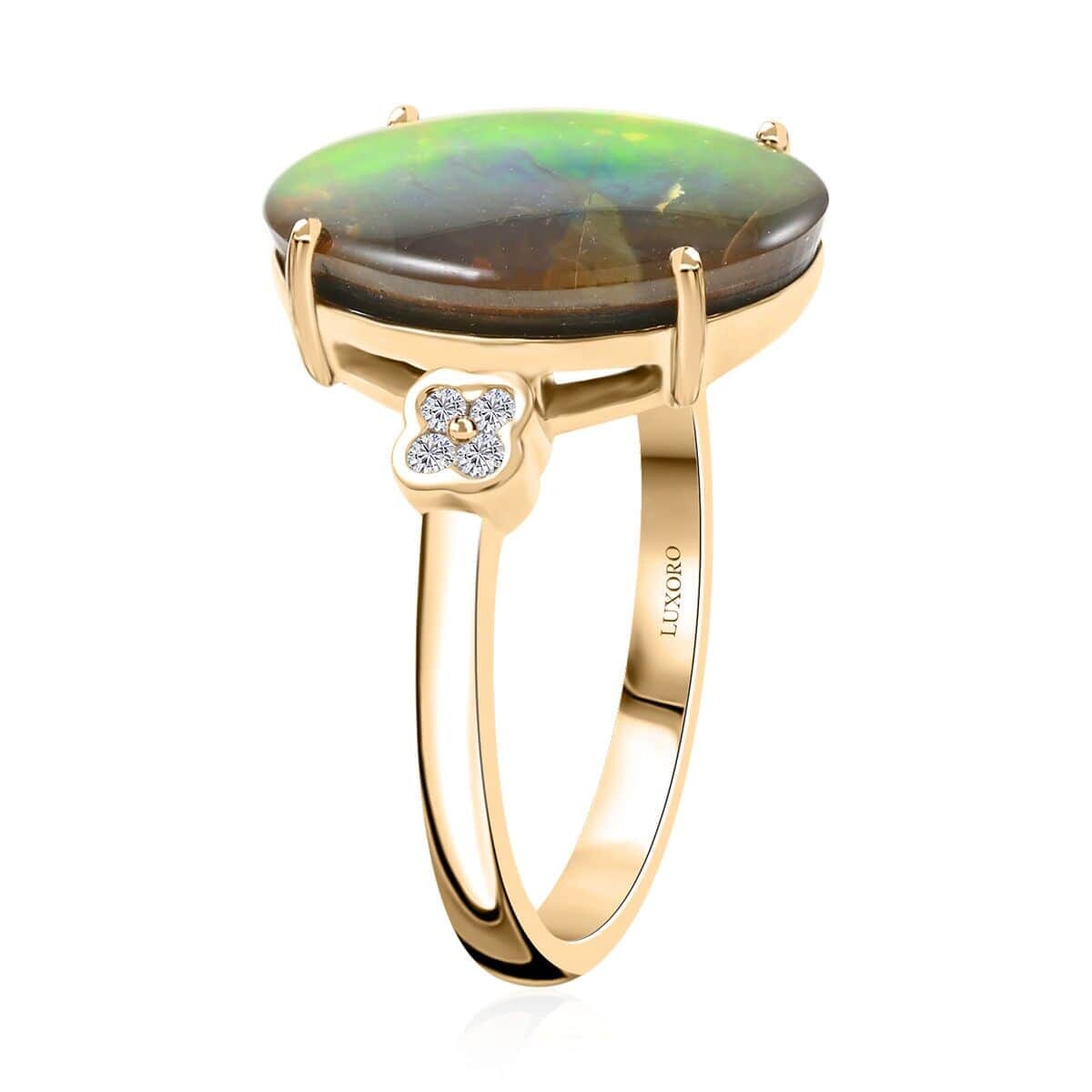 Certified & Appraised Luxoro AAA Canadian Ammolite and G-H I2 Diamond 0.10 ctw Ring in 10K Yellow Gold (Size 10.5) image number 4