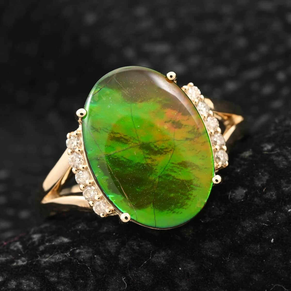 Certified & Appraised Luxoro 10K Yellow Gold AAA Canadian Ammolite and G-H I2 Diamond Ring (Size 10.0) 0.12 ctw image number 1