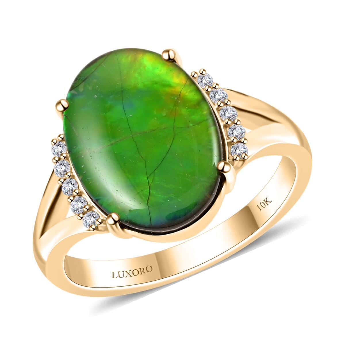 Certified & Appraised Luxoro 10K Yellow Gold AAA Canadian Ammolite (Ovl 14x10mm), Diamond (G-H, I2) (0.12 cts) Ring (Size 10.5) image number 0