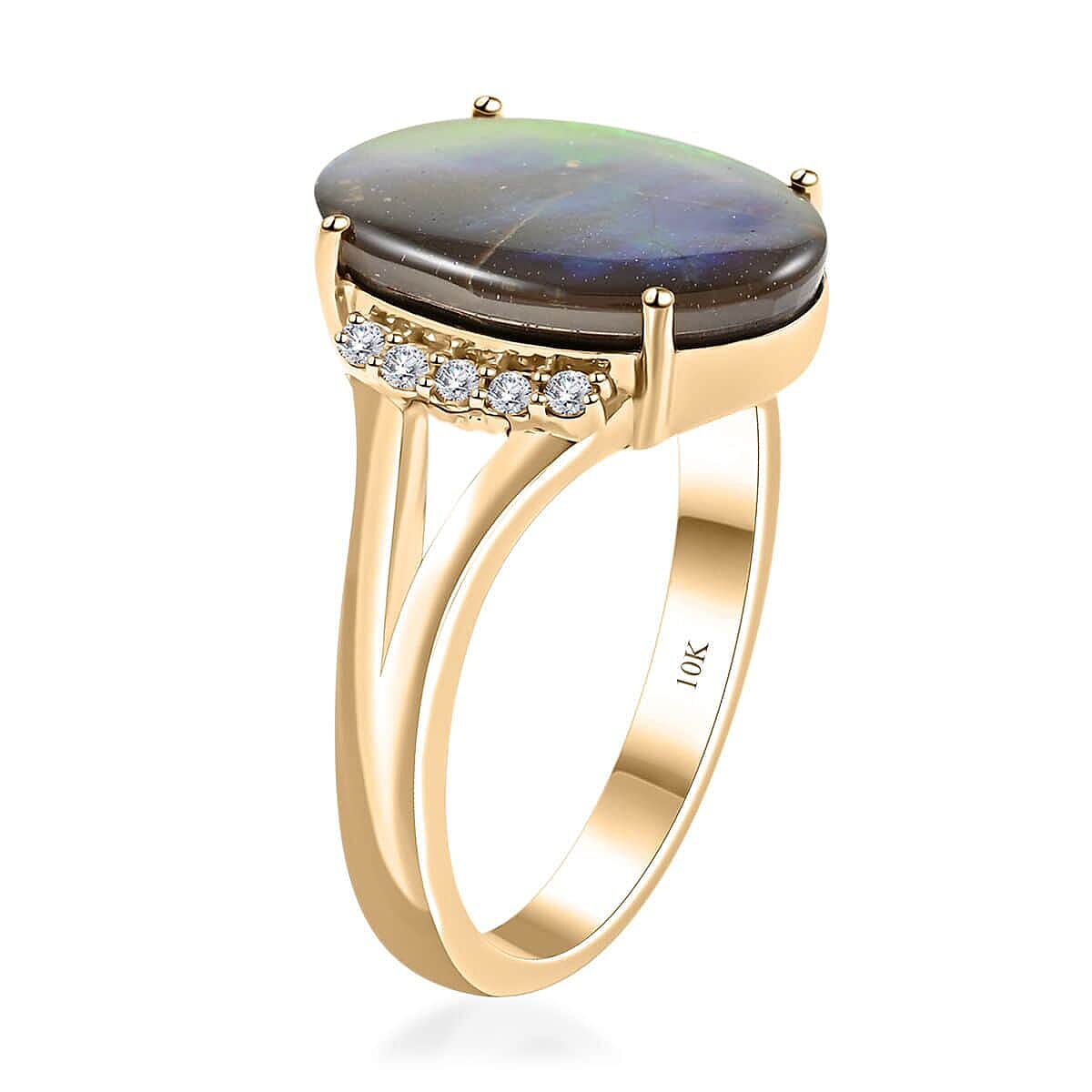 Certified & Appraised Luxoro 10K Yellow Gold AAA Canadian Ammolite (Ovl 14x10mm), Diamond (G-H, I2) (0.12 cts) Ring (Size 5.0) image number 3