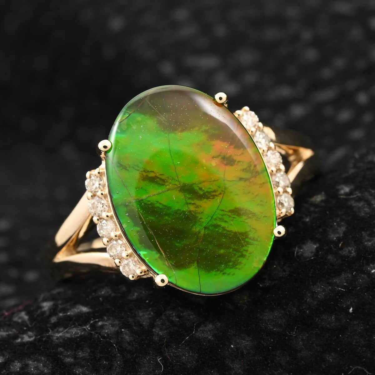 Certified & Appraised Luxoro 10K Yellow Gold AAA Canadian Ammolite and G-H I2 Diamond Ring (Size 6.0) 0.12 ctw image number 1