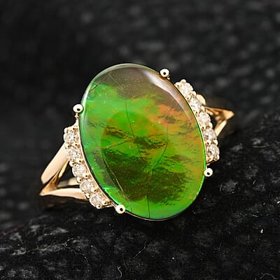 Certified & Appraised Luxoro 10K Yellow Gold AAA Canadian Ammolite and G-H I2 Diamond Ring (Size 7.0) 0.12 ctw