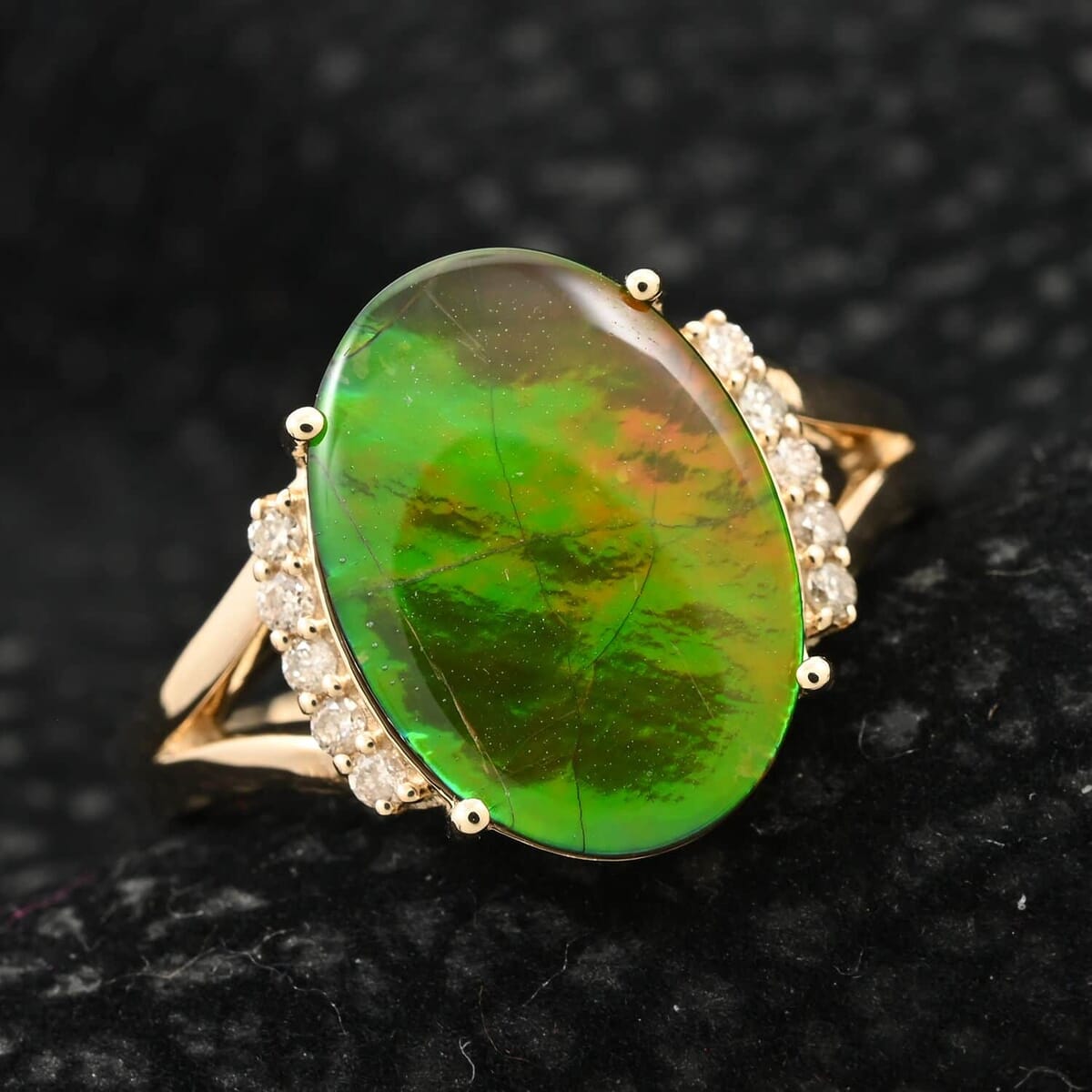 Certified & Appraised Luxoro 10K Yellow Gold AAA Canadian Ammolite (Ovl 14x10mm), Diamond (G-H, I2) (0.12 cts) Ring (Size 9.5) image number 1
