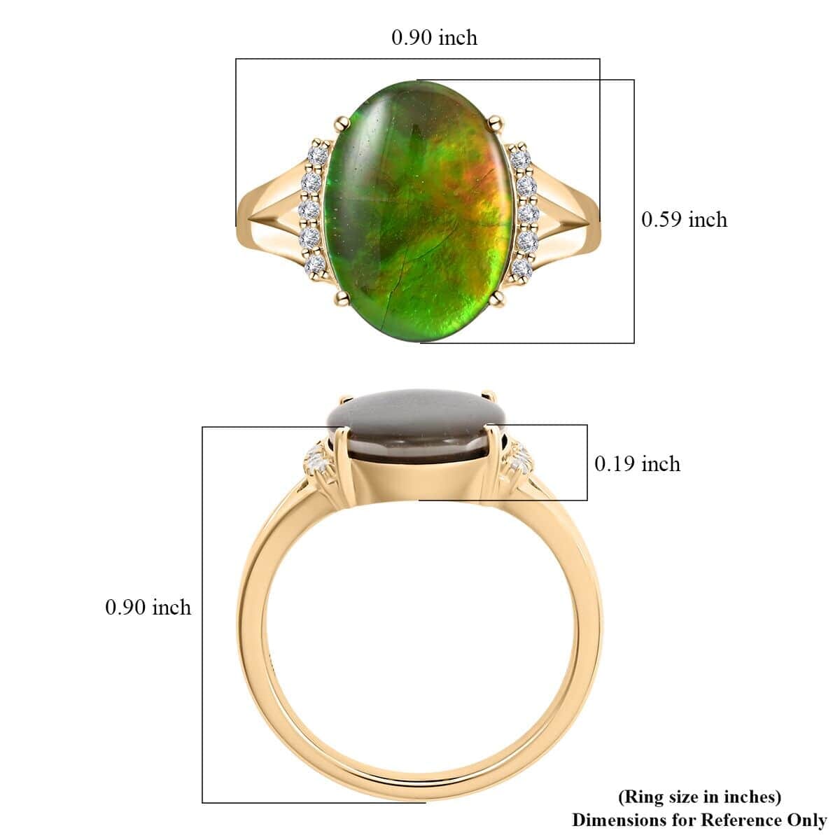 Certified & Appraised Luxoro 10K Yellow Gold AAA Canadian Ammolite (Ovl 14x10mm), Diamond (G-H, I2) (0.12 cts) Ring (Size 9.5) image number 5