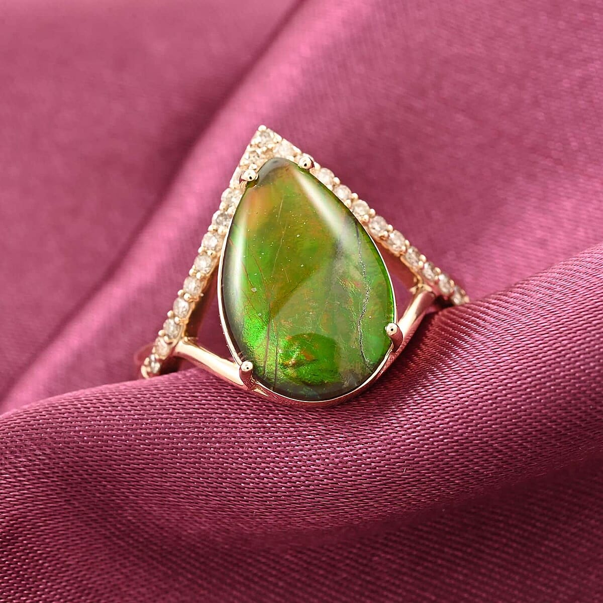 Certified & Appraised Luxoro 10K Yellow Gold AAA Canadian Ammolite (Pear 14x9mm), Diamond (G-H, I2) (0.18 cts) Ring (Size 10.5) image number 1