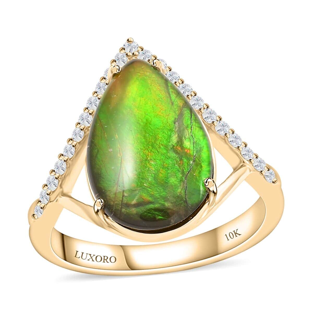 Certified & Appraised Luxoro 10K Yellow Gold AAA Canadian Ammolite (Pear 14x9mm), Diamond (G-H, I2) (0.18 cts) Ring (Size 11.0) image number 0