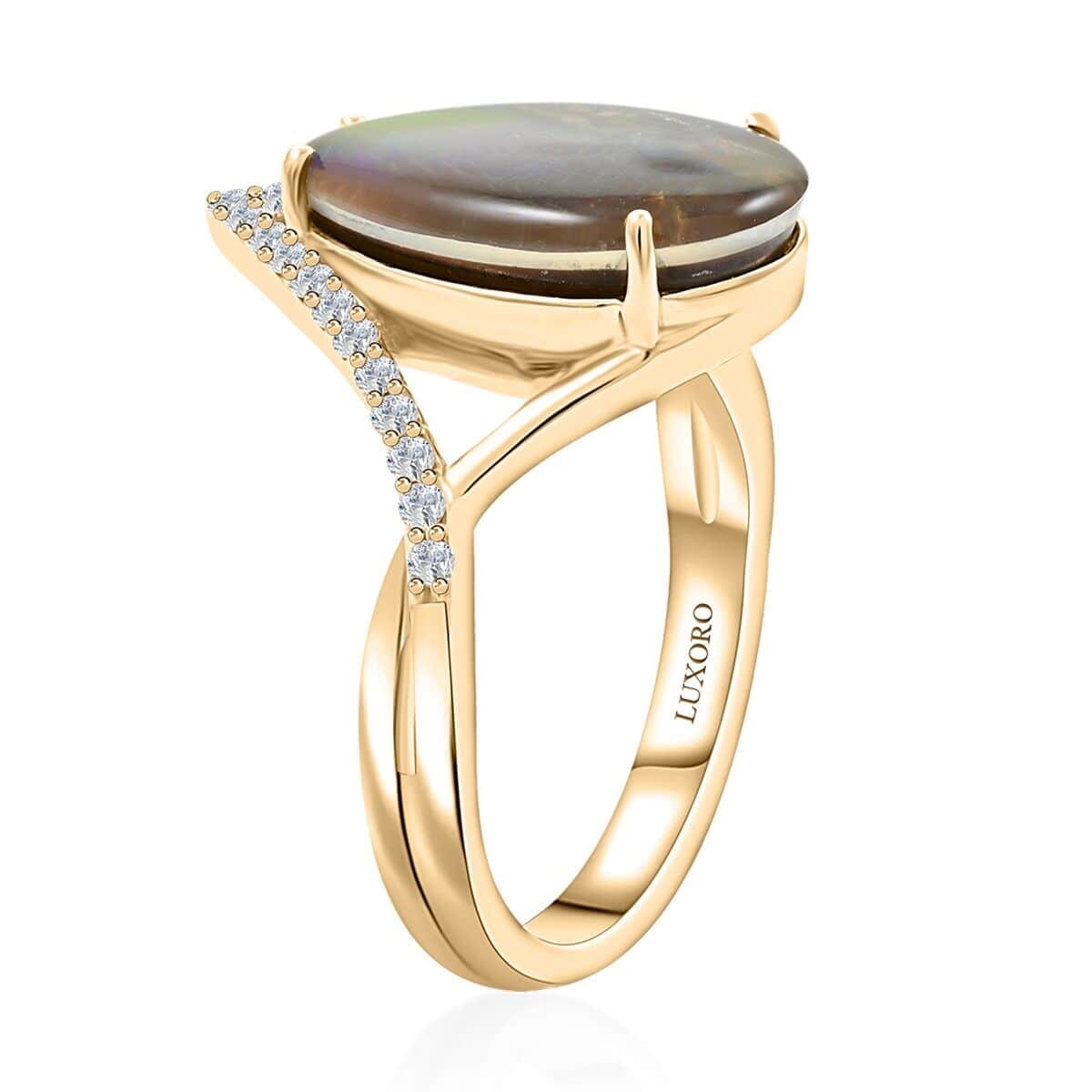 Certified & Appraised Luxoro 10K Yellow Gold AAA Canadian Ammolite (Pear 14x9mm), Diamond (G-H, I2) (0.18 cts) Ring (Size 11.0) image number 3