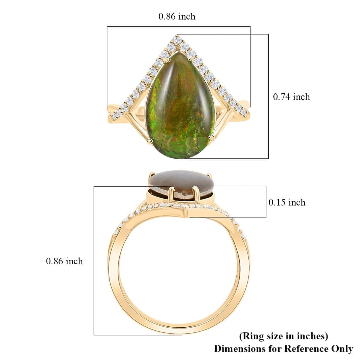 Certified & Appraised Luxoro 10K Yellow Gold AAA Canadian Ammolite (Pear 14x9mm), Diamond (G-H, I2) (0.18 cts) Ring (Size 11.0) image number 5