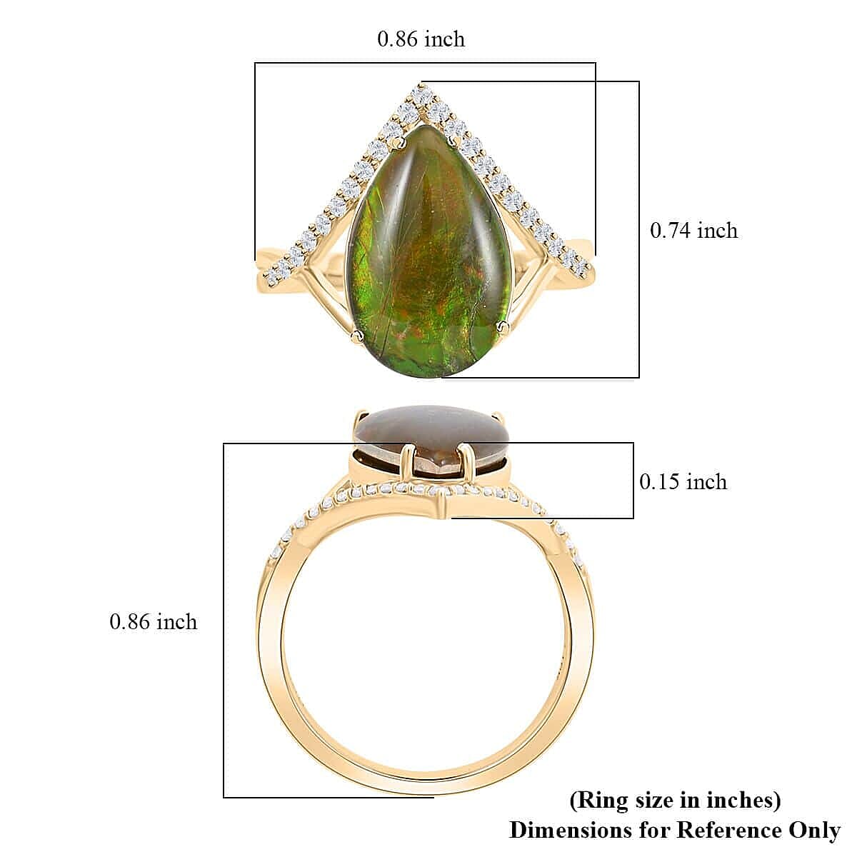 Certified & Appraised Luxoro 10K Yellow Gold AAA Canadian Ammolite (Pear 14x9mm), Diamond (G-H, I2) (0.18 cts) Ring (Size 5.0) image number 5